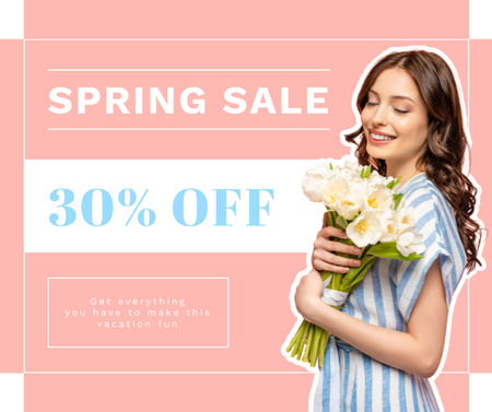 Spring Sale with Young Woman with Tulips with Discount in Pink Facebook Design Template