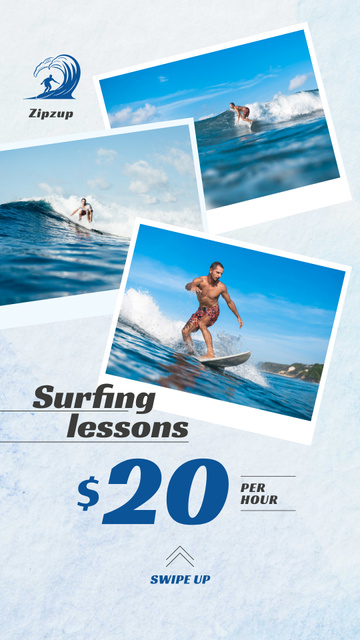 Surfing Lessons Ad Man Riding Big Wave in Blue Instagram Story Modelo de Design