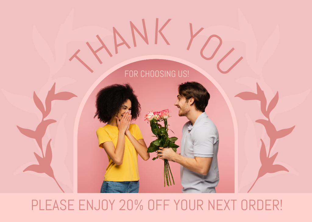Plantilla de diseño de Thank You Phrase with Man Giving Flowers to Woman Card 