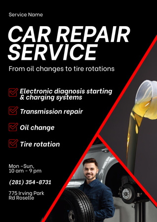 Car Repair Service Ad with Repairman Poster Design Template