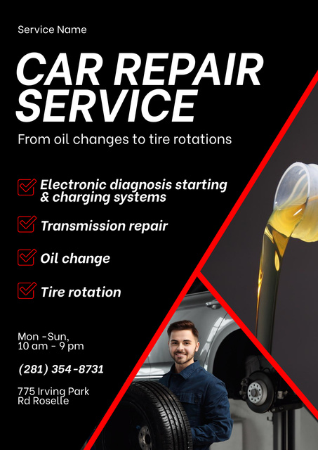Car Repair Service Ad with Repairman Poster Modelo de Design
