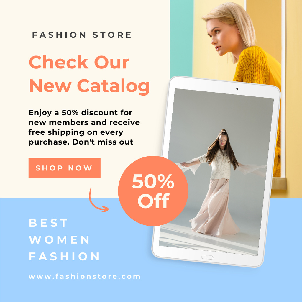 Designvorlage New Catalog of Women's Clothing with Discounts für Instagram
