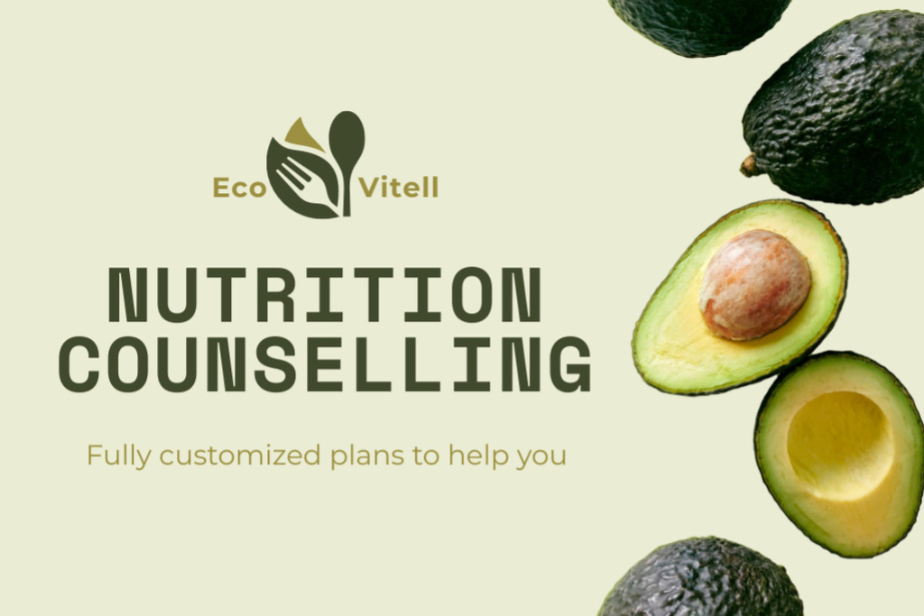 Ontwerpsjabloon van Label van Nutritionist Counselling Services Offer with Fresh Avocado