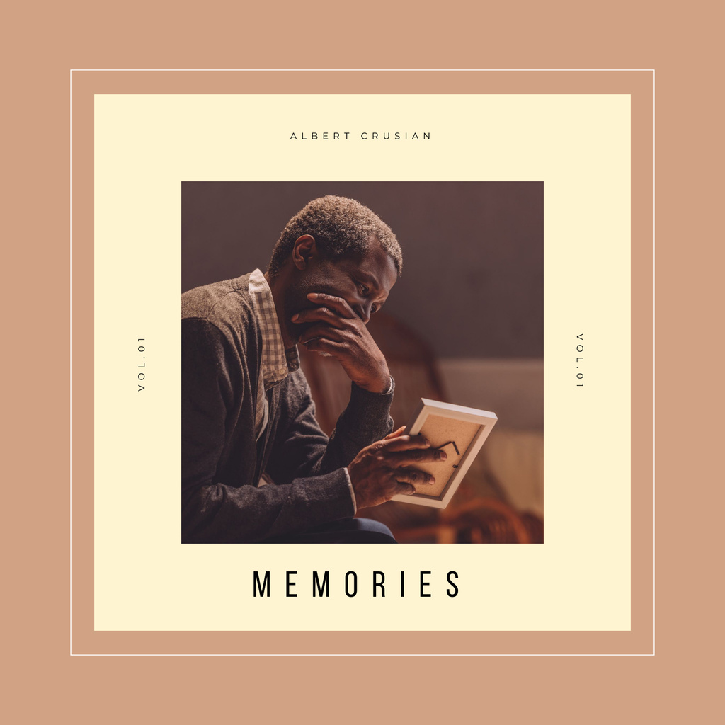 Beige frame with text and photo of sad black man Album Cover Modelo de Design