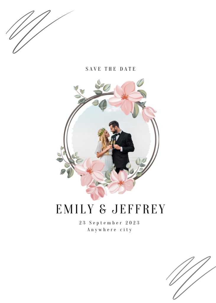 Wedding Invitation with Happy Newlyweds in Floral Frame Postcard 5x7in Vertical Πρότυπο σχεδίασης