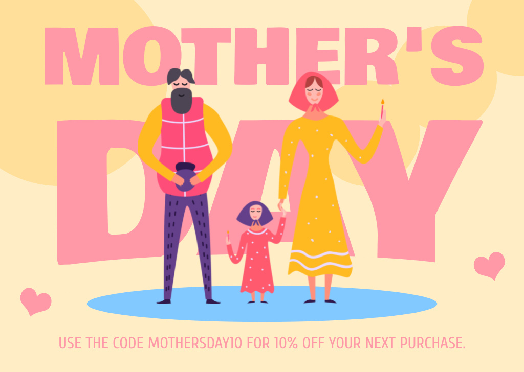 Mother's Day Discount Offer with Illustration of Family Card Tasarım Şablonu