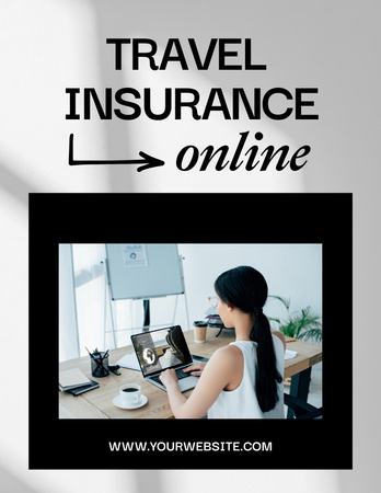 Ontwerpsjabloon van Flyer 8.5x11in van Travel Insurance Online Booking with Woman in Workplace