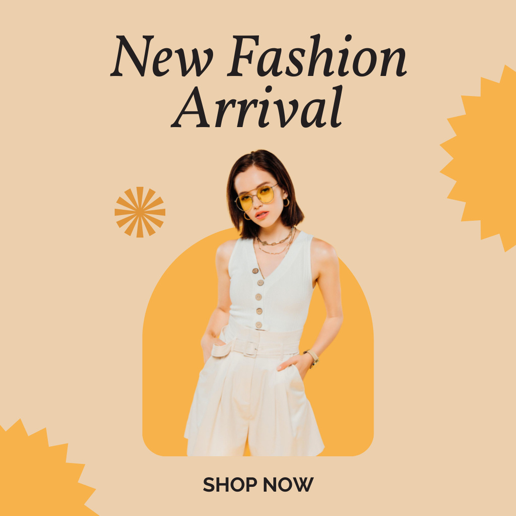 Fashion Ad with Woman in Stylish White Outfit Instagram Design Template
