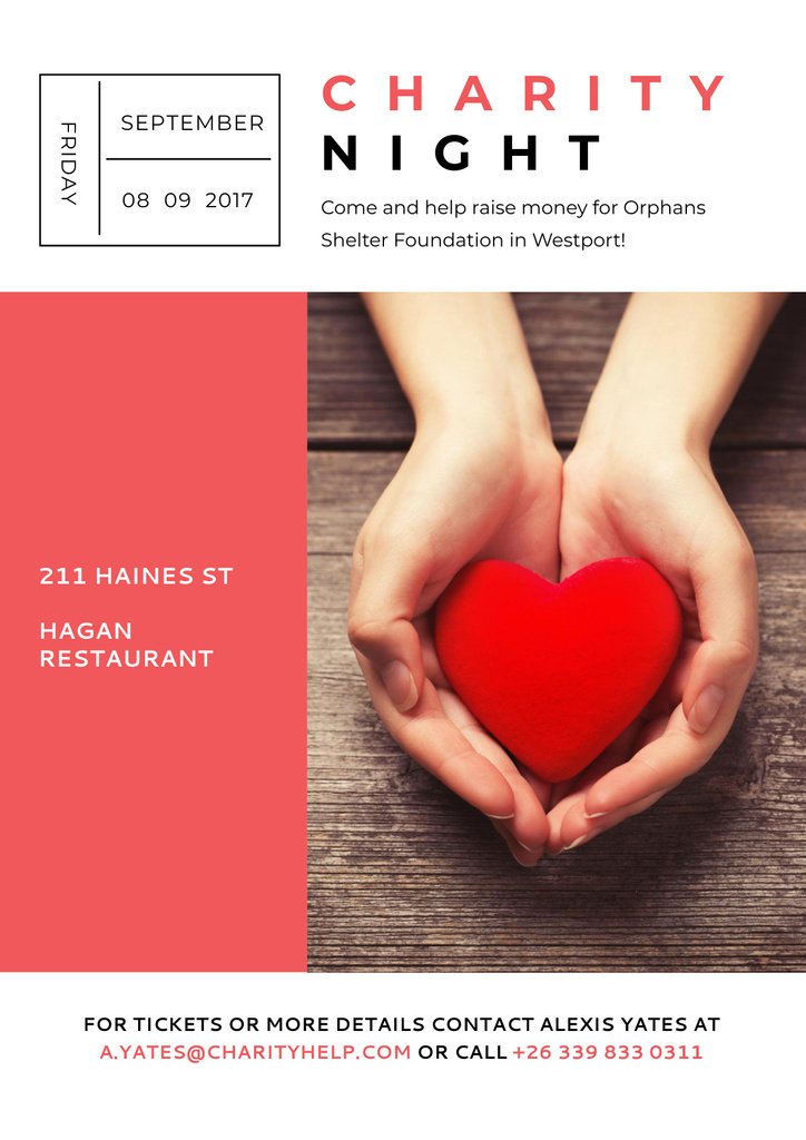 Charity Event with Red Heart in Hands Poster Design Template
