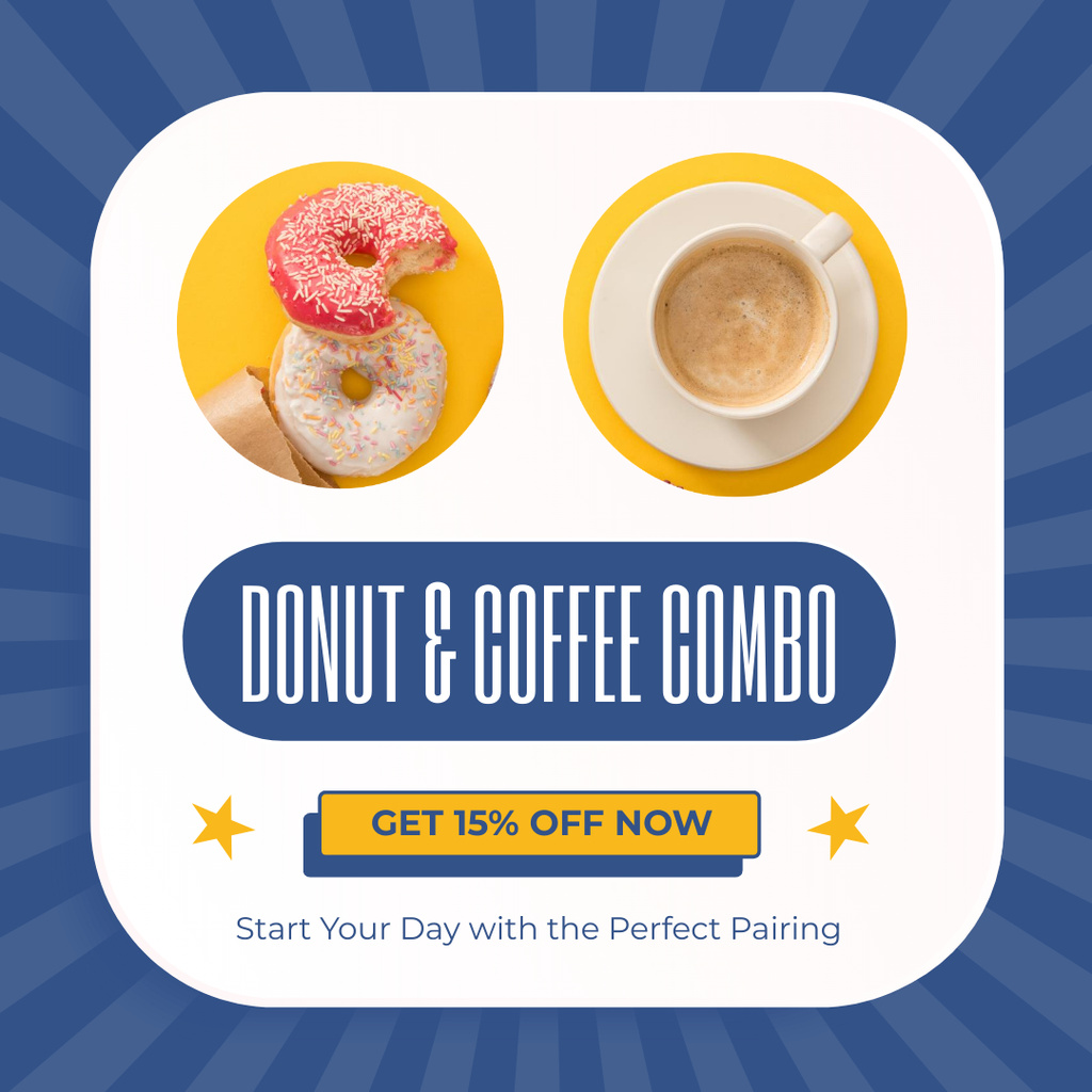 Ad of Doughnut and Coffee Combo on Bright Pattern Instagram AD Design Template