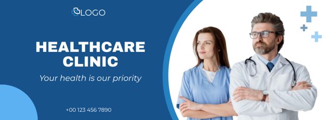 Template di design Healthcare Clinic with Man and Woman Doctor Facebook cover