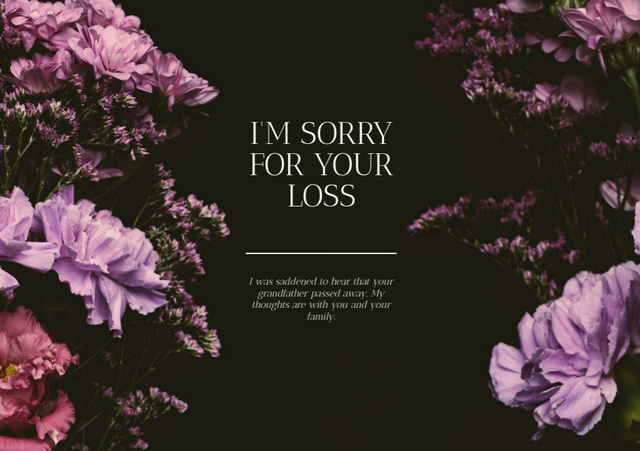Ontwerpsjabloon van Postcard A5 van Sympathy Expression Words with Flowers on Black