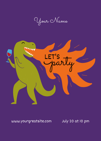 Platilla de diseño Exciting Party Event With Dinosaur Holding Wine Postcard 5x7in Vertical