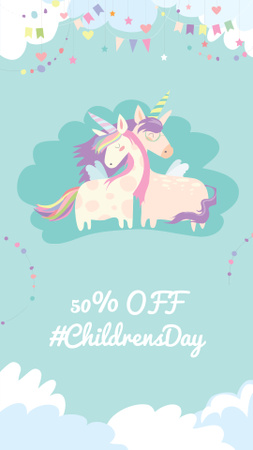 Children's Day Discount Offer with Cute Unicorns Instagram Story Design Template