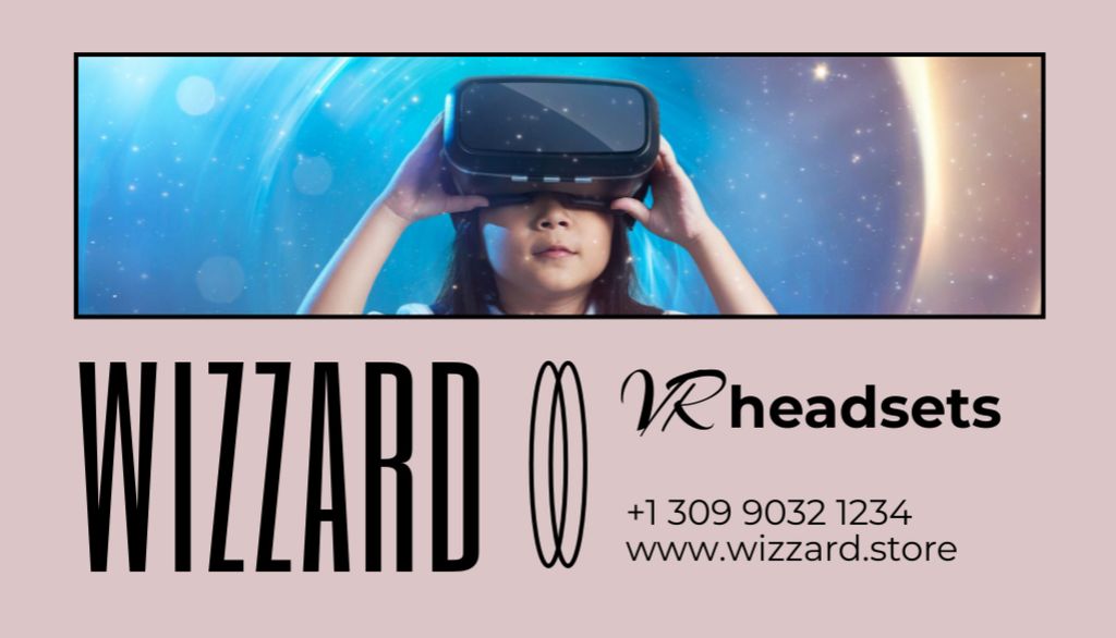 Virtual Reality Glasses Store  with Kid in Headset Business Card US Design Template