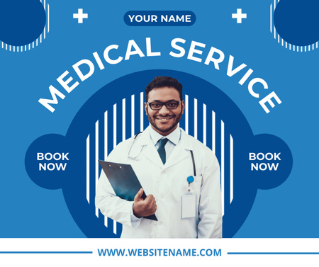 Medical Services Ad with Smiling Doctor Facebook Tasarım Şablonu