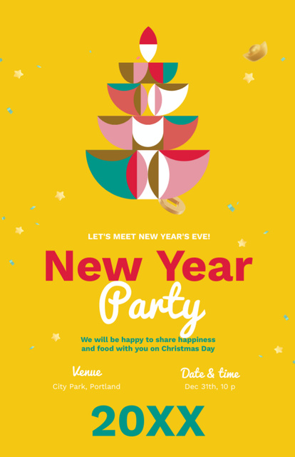 New Year Party Announcement with Geometric Abstract Fir-Tree Invitation 5.5x8.5in Tasarım Şablonu
