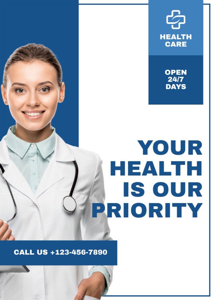 Healthcare Clinic Ad with Friendly Doctor Flayer Modelo de Design