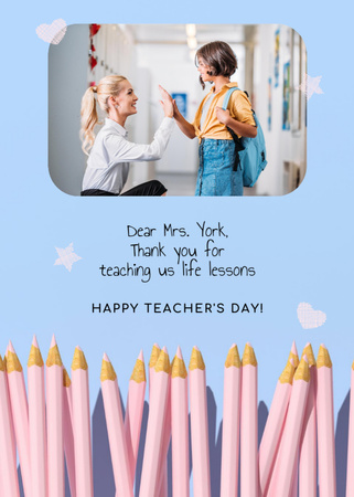 Designvorlage Teacher Giving Kid High Five On Teacher's Day für Postcard 5x7in Vertical