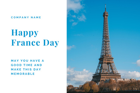 French National Day Celebration Announcement with View of Eiffel Tower Postcard 4x6in Design Template