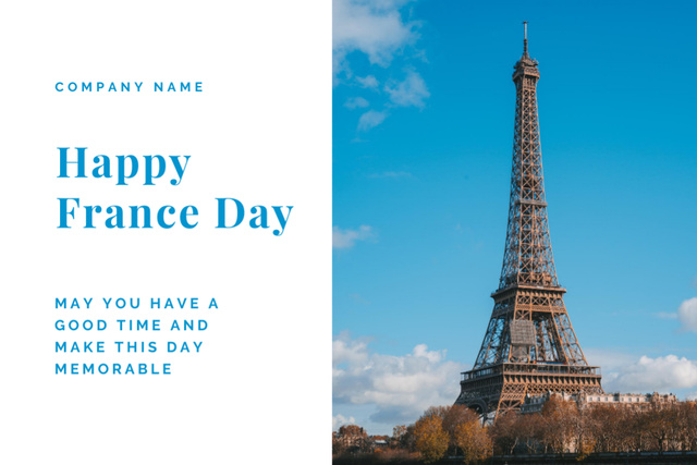 French National Day Holiday Celebration with View of Eiffel Tower Postcard 4x6in – шаблон для дизайна
