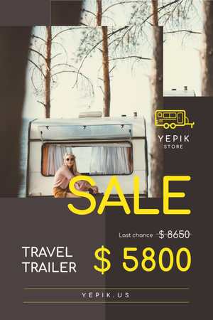 Platilla de diseño Camping Trailer Sale with Woman in Van Pinterest