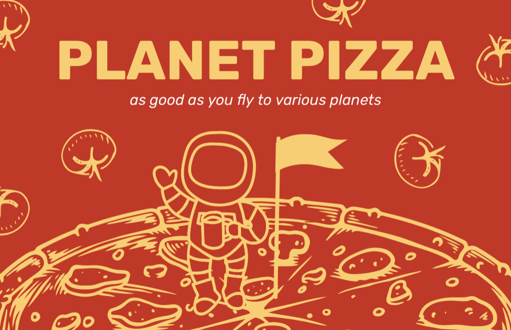 Pizza Offer with Cartoon Astronaut Business Card 85x55mm Šablona návrhu