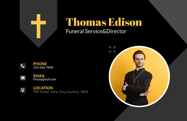 Template di design Funeral Services Offer with Priest on Black Business Card 85x55mm