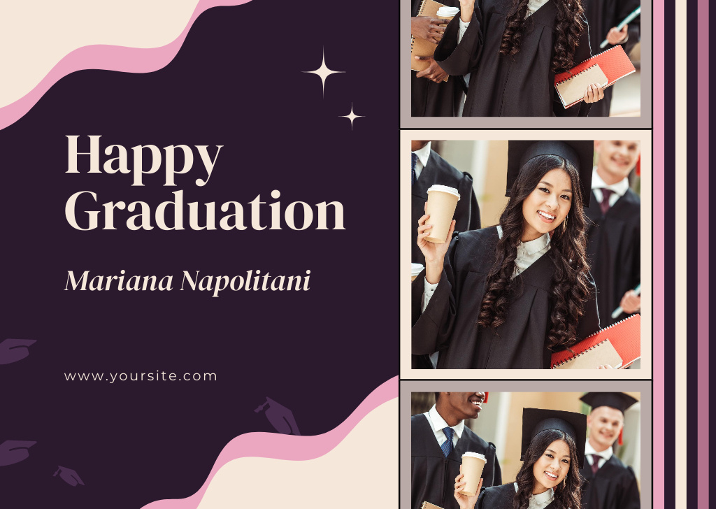 Collage with Students at Graduation on Violet Card – шаблон для дизайна