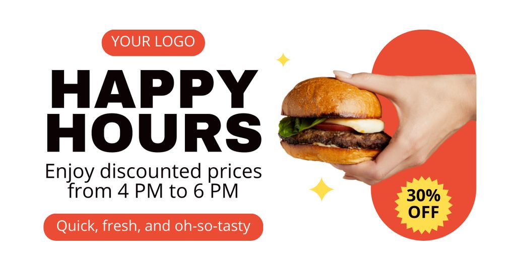 Happy Hours in Restaurant Announcement with Tasty Burger in Hand Facebook AD Šablona návrhu
