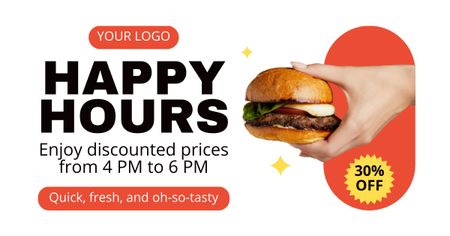 Happy Hours in Restaurant Announcement with Tasty Burger in Hand Facebook AD Design Template