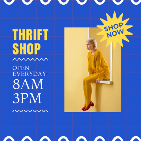 Designvorlage Secondhand-Shop-Zeitplan blau und gelb retro für Instagram AD
