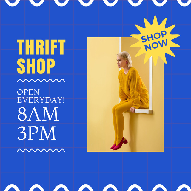 Designvorlage Thrift shop timetable blue and yellow retro für Instagram AD