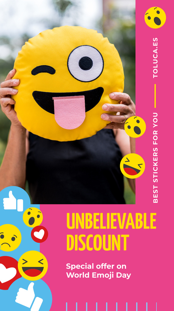 World Emoji Day Offer with Girl Holding Funny Face Instagram Story Πρότυπο σχεδίασης