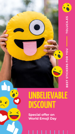 World Emoji Day Offer with Girl Holding Funny Face Instagram Story Design Template