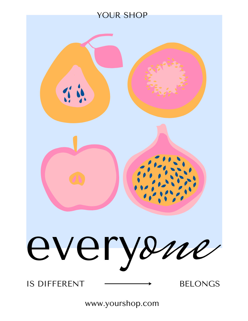 Phrase About Diversity And Difference with Bright Fruit Illustration Poster 8.5x11in – шаблон для дизайну