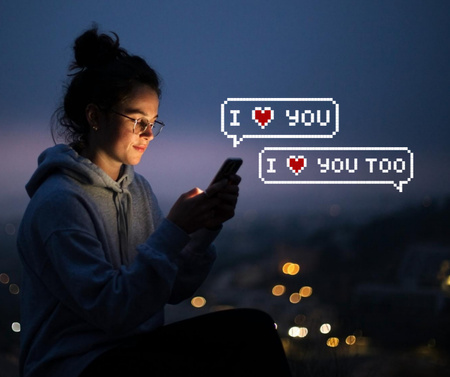 Woman sending love messages at night Facebook Design Template