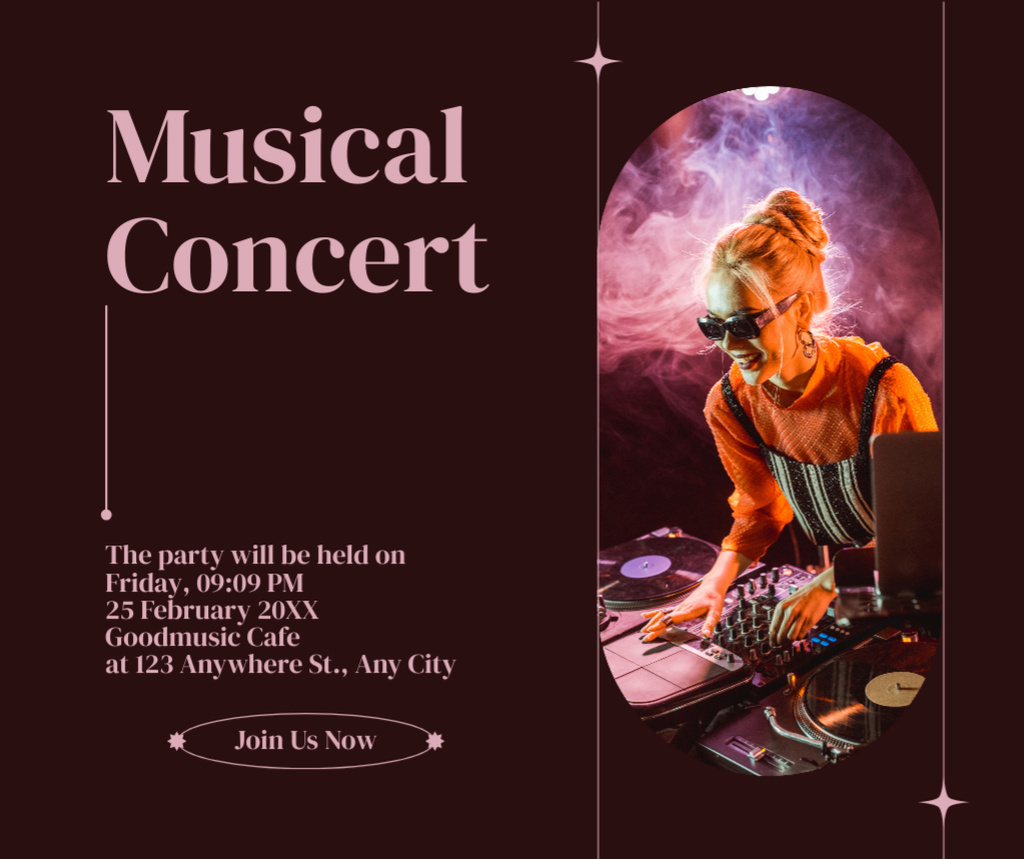 Concert Announcement with Young Woman DJ Facebook Design Template