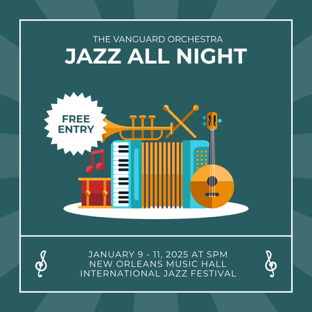 Designvorlage Ankündigung einer Jazz-Musiknacht-Veranstaltung für Instagram
