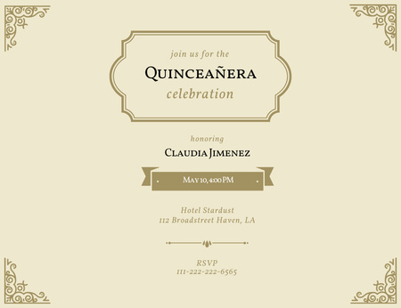 Süslü Quinceañera Kutlama Duyurusu Invitation 13.9x10.7cm Horizontal Tasarım Şablonu