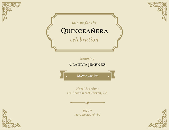 Quinceañera Celebration Announcement With Ornaments Invitation 13.9x10.7cm Horizontal Tasarım Şablonu
