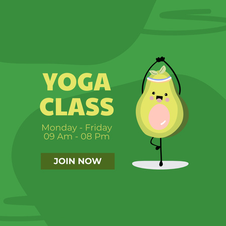 Ontwerpsjabloon van Instagram van Aankondiging van ontspannende yogatrainingen met avocadokarakter