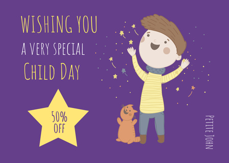 Children's Day with Cute Boy and Cat Postcard Design Template