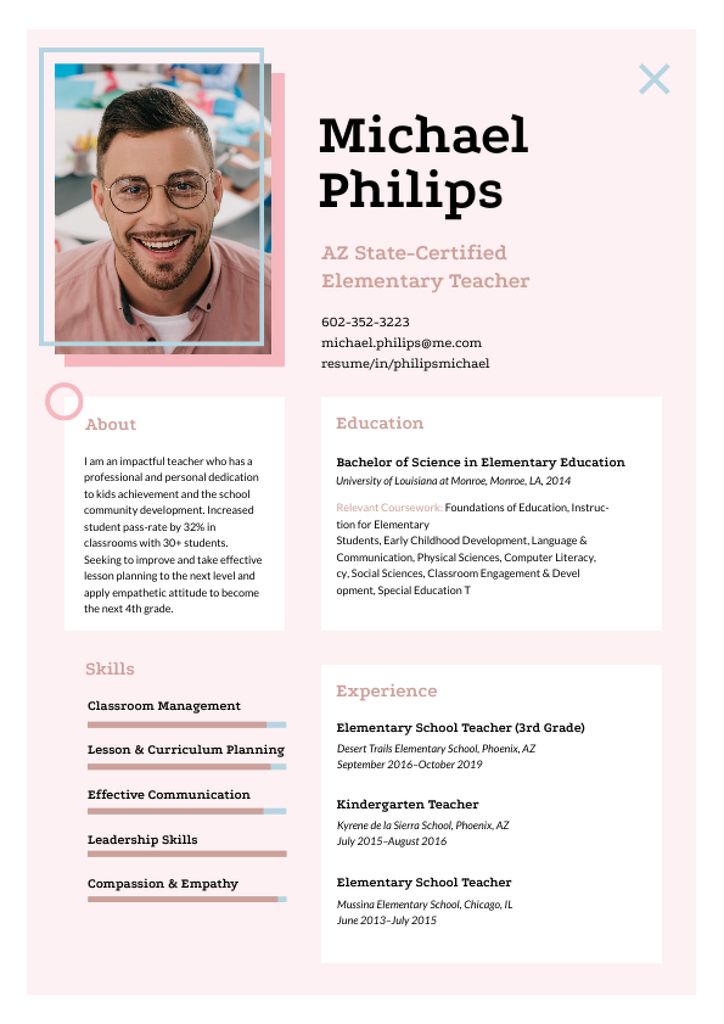 Elementary Teacher professional profile Resume Design Template