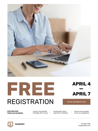 Online Courses Ad with Woman typing on Laptop Poster US Design Template