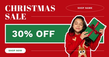 Happy Girl with Present on Christmas Sale Red Facebook AD Design Template