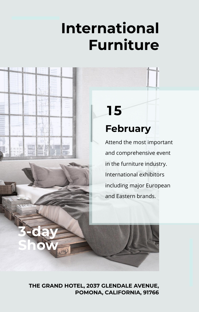 Designvorlage International Furniture Show Announcement With Bedroom Interior für Invitation 4.6x7.2in