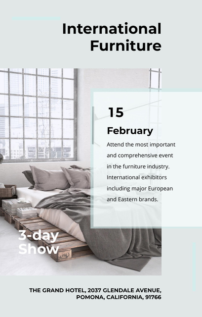 Template di design International Furniture Show Announcement With Bedroom Interior Invitation 4.6x7.2in