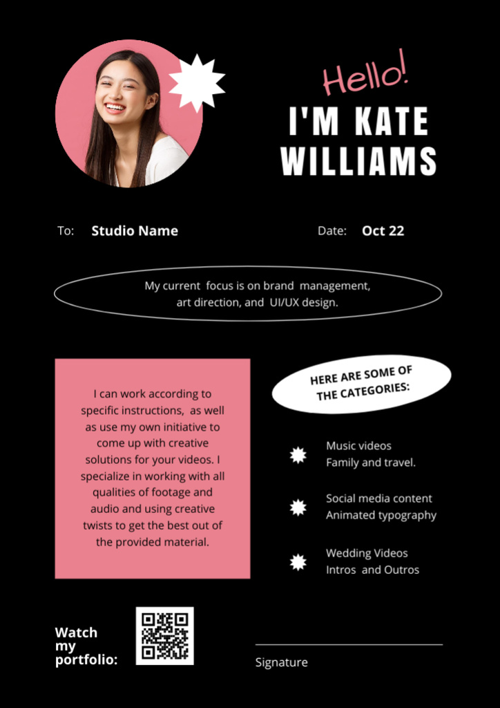 Web Designer's Portfolio with Asian Woman Letterheadデザインテンプレート