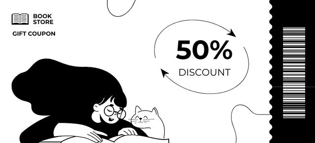 Discount in Book Store with Black and White Cute Illustration Coupon 3.75x8.25in tervezősablon